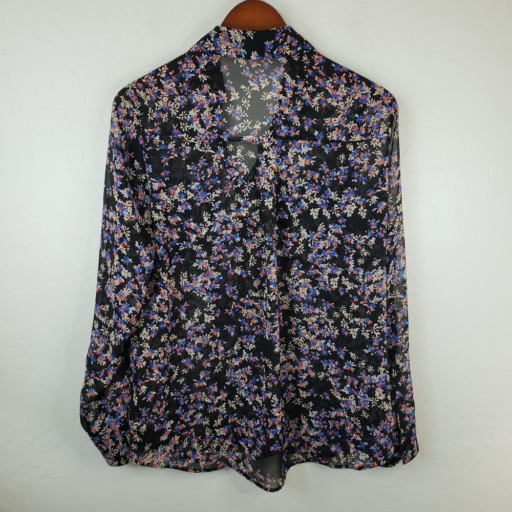 Express Portofino Blouse Shirt Women's Medium Black Floral Long Tab Sleeve - Picture 6 of 11